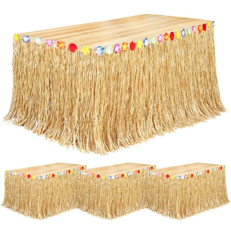 Fovths 4 Pack Luau Grass Table Skirt Natural 9 Feet x 29.5 Inch Hawaiian Table Skirt for Tropical Hawaiian Party Decorations Luau Party Costume Party, Straw Yellow - Image 1