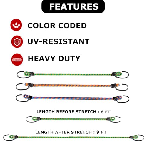 Aqbah High Strength Elastic Bungee Cord for Motocycle, Luggage Tying Rope with Hooks (Multicolour) - 6 FT Set of 4 - Image 2