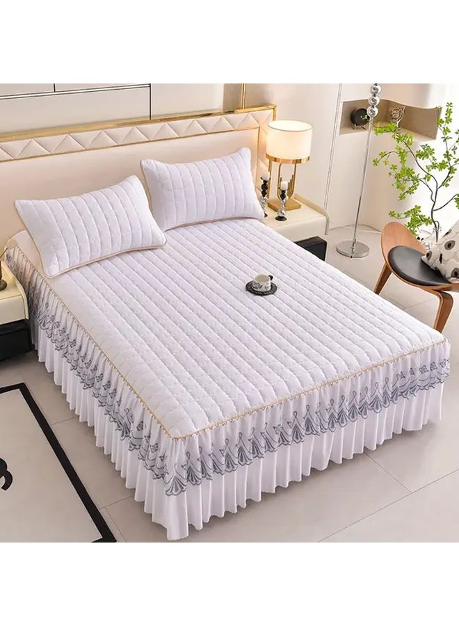 White Luxury Bedding Set 3PCS Quilted Edge Bed Skirt Pillowcases Mattress Protector - Image 1