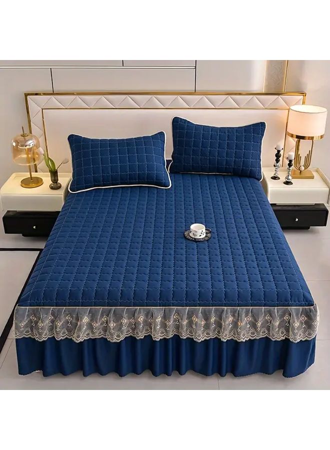White Luxury Bedding Set 3PCS Quilted Edge Bed Skirt Pillowcases Mattress Protector - Image 3