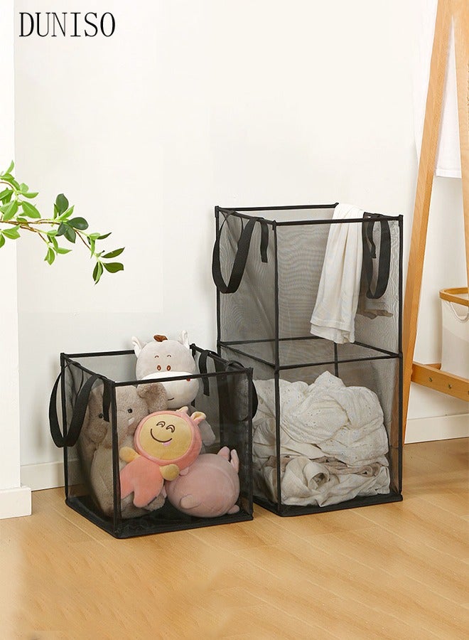 DUNISO 2Pcs Grid Laundry Hamper With Carry Handle Set, Collapsible Clothes Washing Laundry Hamper, Storage Basket, Pop up Hamper, Travel Hamper For Laundry Room, Dorm, RV (Black, One Big and One Small) - Image 1