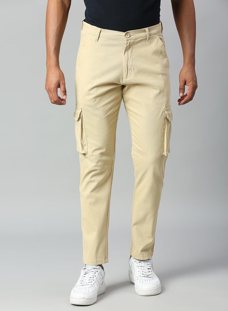 Men's Light Khaki Tapered Fit Cargo Trousers - Durable Cotton Fabric
