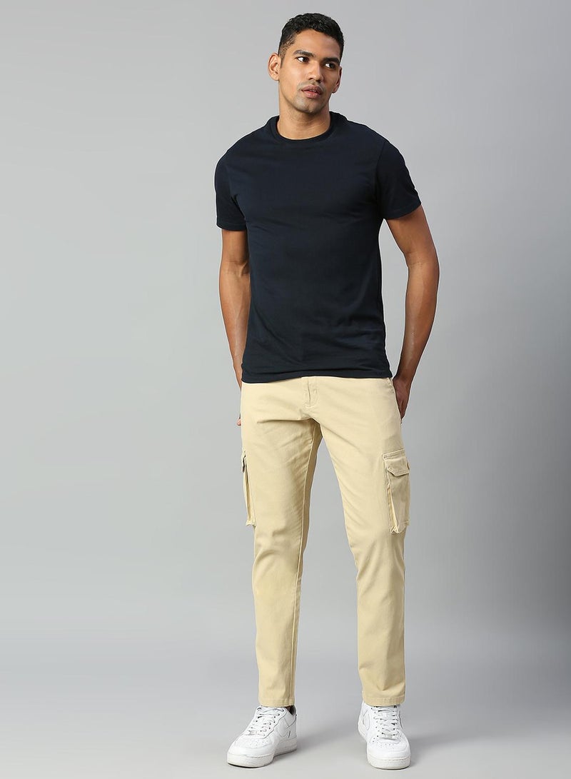 Men's Light Khaki Tapered Fit Cargo Trousers - Durable Cotton Fabric