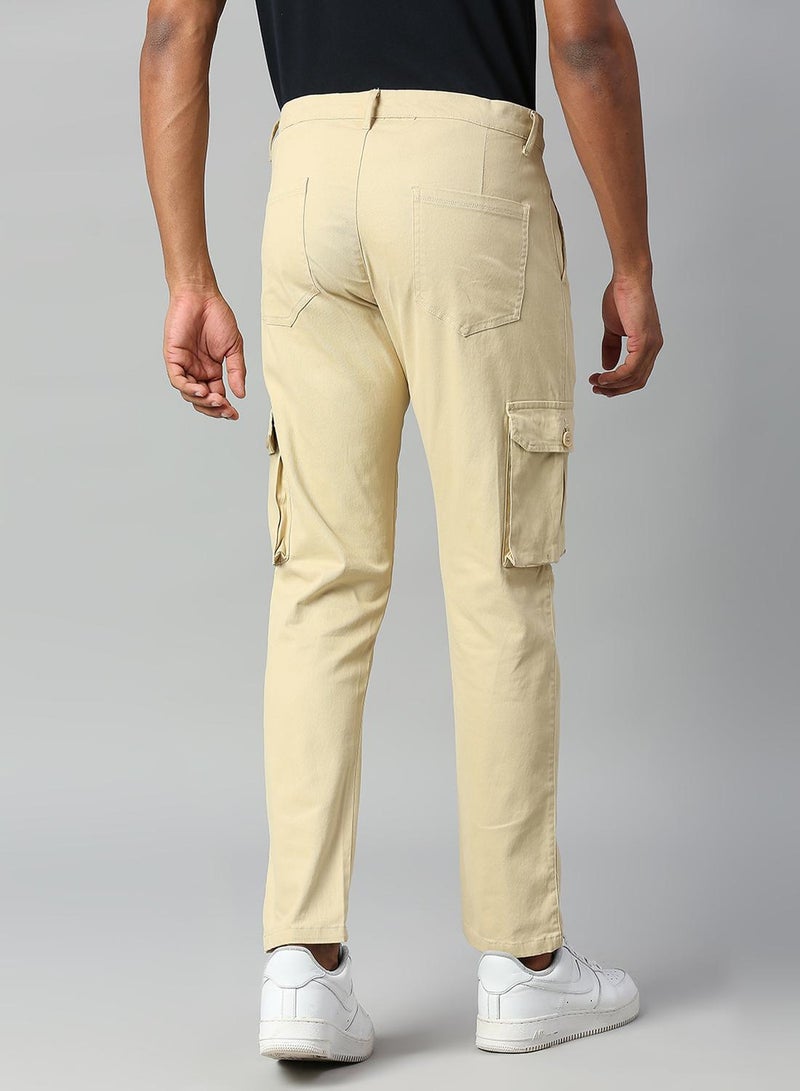 Men's Light Khaki Tapered Fit Cargo Trousers - Durable Cotton Fabric
