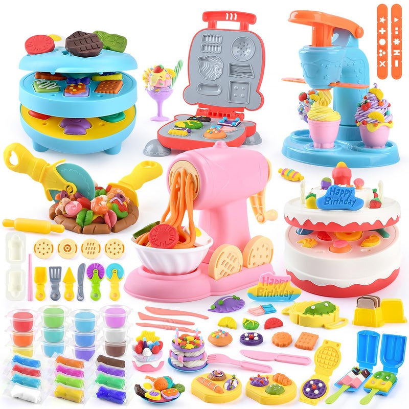 WeeHomm 5in1 Color Dough Sets for Kids Ages 3 DIY Food Maker Toys Set with 24 Dough Arts and Crafts Kit for Pretend Play Ice CreamCakeNoodleHamburgerPizzaBaking Set Toys Machines - Image 3