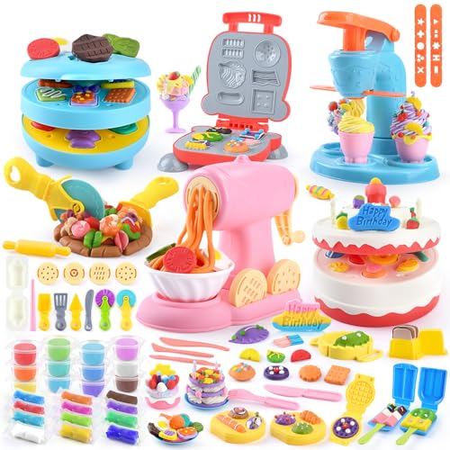 WeeHomm 5in1 Color Dough Sets for Kids Ages 3 DIY Food Maker Toys Set with 24 Dough Arts and Crafts Kit for Pretend Play Ice CreamCakeNoodleHamburgerPizzaBaking Set Toys Machines - Image 1