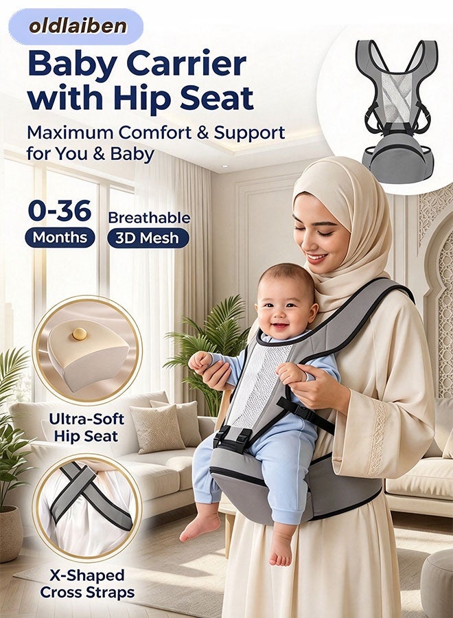 oldlaiben Baby Carrier with Hip Seat, Adjustable Baby Holder Carrier Hands-Free Infant Toddler Carrier Baby Holder Carrier Baby Strap Waist Carrier with Breathable Mesh Fabric Front Facing/ Back Baby Carrier Slings Baby Hip Seat Carrier, Perfect for Newborn to Infants up to 15kg Toddlers (Grey) - Image 1