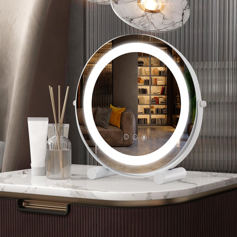 مرآة تجميل هوليوود من كوستواي مع أضواء LED قابلة للتعتيم 3 ألوان، مرآة مكياج دائرية على الطاولة مع دوران 360 درجة، تحكم ذكي باللمس ووظيفة الذاكرة بقطر 300 مم