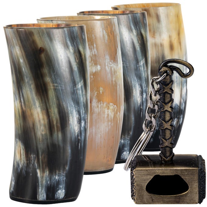 VIKING DRINKING HORN MUG SET OF 4 GIFTS FOR MEN DAD HUSBAND UNIQUE VIKING GIFT NATURAL OX HORN CUP WITH OPENER FOR BEER ALE MEAD 1213 OZGLASS