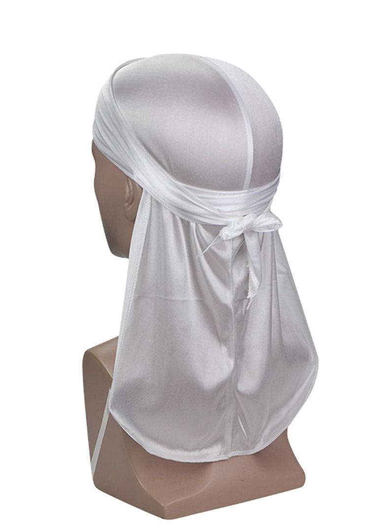 NIBEMINENT New Style Soild Pattern Silk Durag Satin for Men Pirate Caps Long Tail Decoration Head Wrap Elastic Beanie Hats Waves Hijab White  - Image 1