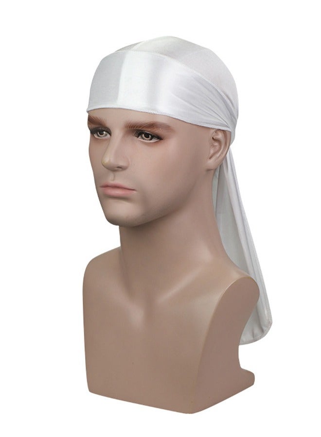 NIBEMINENT New Style Soild Pattern Silk Durag Satin for Men Pirate Caps Long Tail Decoration Head Wrap Elastic Beanie Hats Waves Hijab White  - Image 2