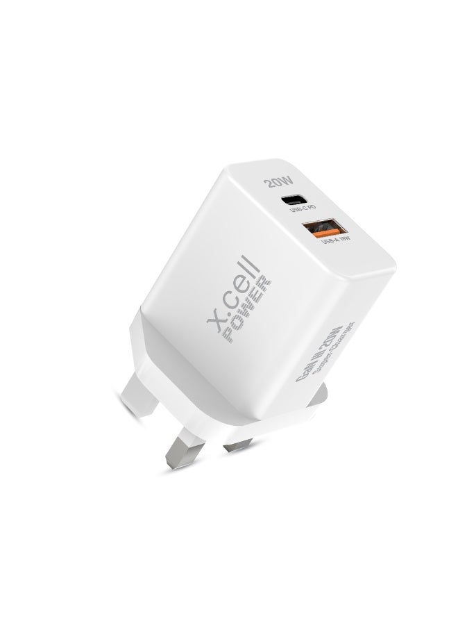 Xcell Xcell 20W GaN III Dual Port Fast Charger | USB-C Power Delivery 20W + USB-A 18W | Over-Charge & Heat Protection | Compact Wall Charger for iPhone, Samsung, iPad, Tablets | Ultra-Fast Charging - White  - Image 2