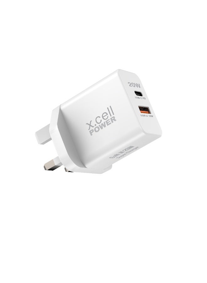 Xcell 20W GaN III Dual Port Fast Charger | USB-C Power Delivery 20W + USB-A 18W | Over-Charge & Heat Protection | Compact Wall Charger for iPhone, Samsung, iPad, Tablets | Ultra-Fast Charging - White