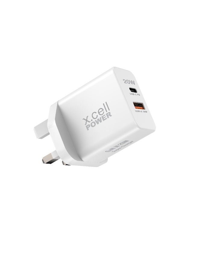 Xcell Xcell 20W GaN III Dual Port Fast Charger | USB-C Power Delivery 20W + USB-A 18W | Over-Charge & Heat Protection | Compact Wall Charger for iPhone, Samsung, iPad, Tablets | Ultra-Fast Charging - White  - Image 1