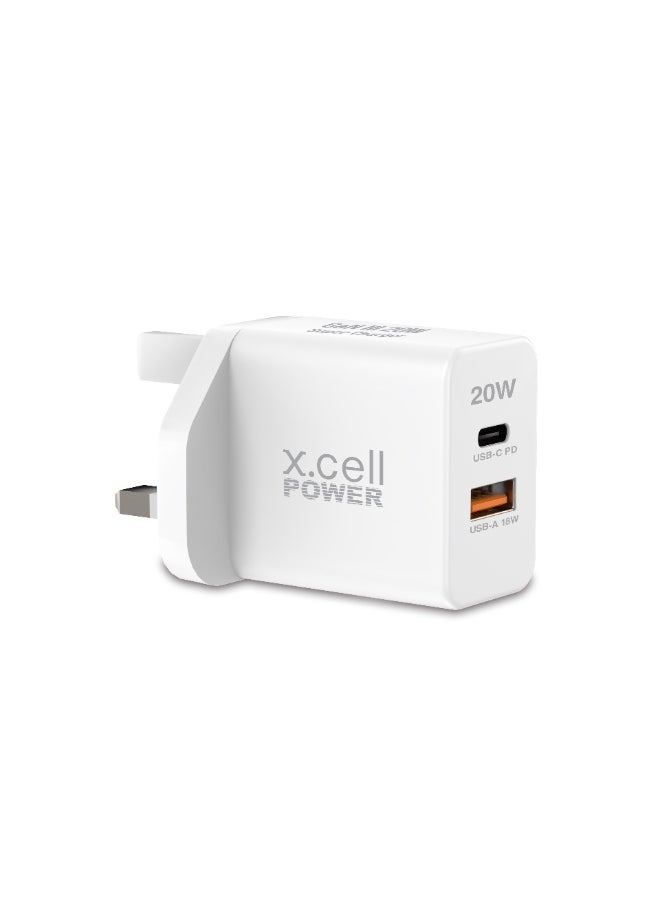 Xcell Xcell 20W GaN III Dual Port Fast Charger | USB-C Power Delivery 20W + USB-A 18W | Over-Charge & Heat Protection | Compact Wall Charger for iPhone, Samsung, iPad, Tablets | Ultra-Fast Charging - White  - Image 3