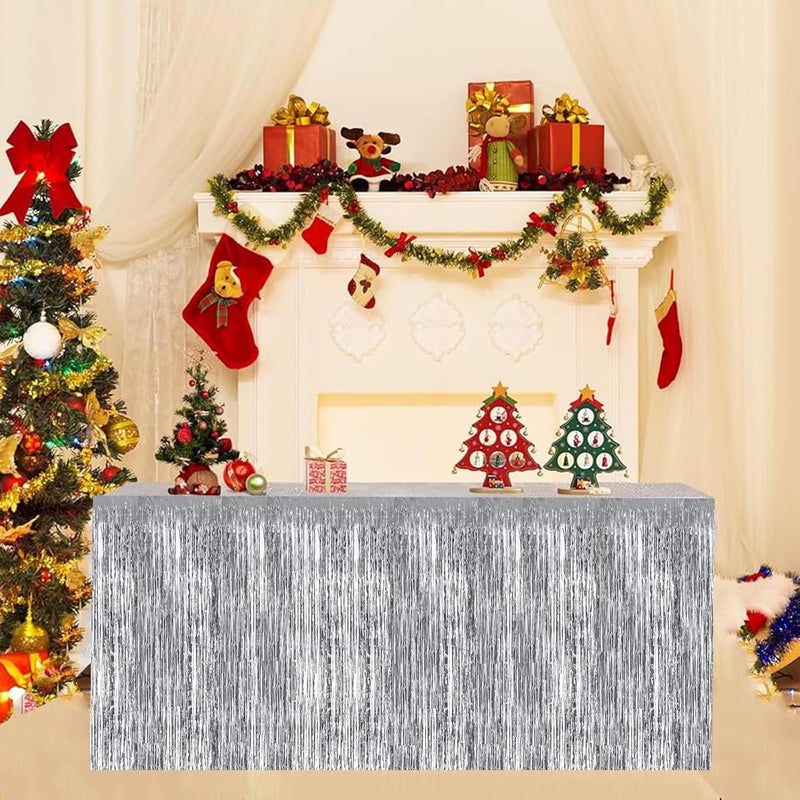 BEISHIDA 2 Pack Silver Table Skirts Party Decorations Metallic Tinsel Foil Fringe Table Skirts Decors for Birthday Holiday Winter Wedding Anniversary Cartoon Party - Image 5