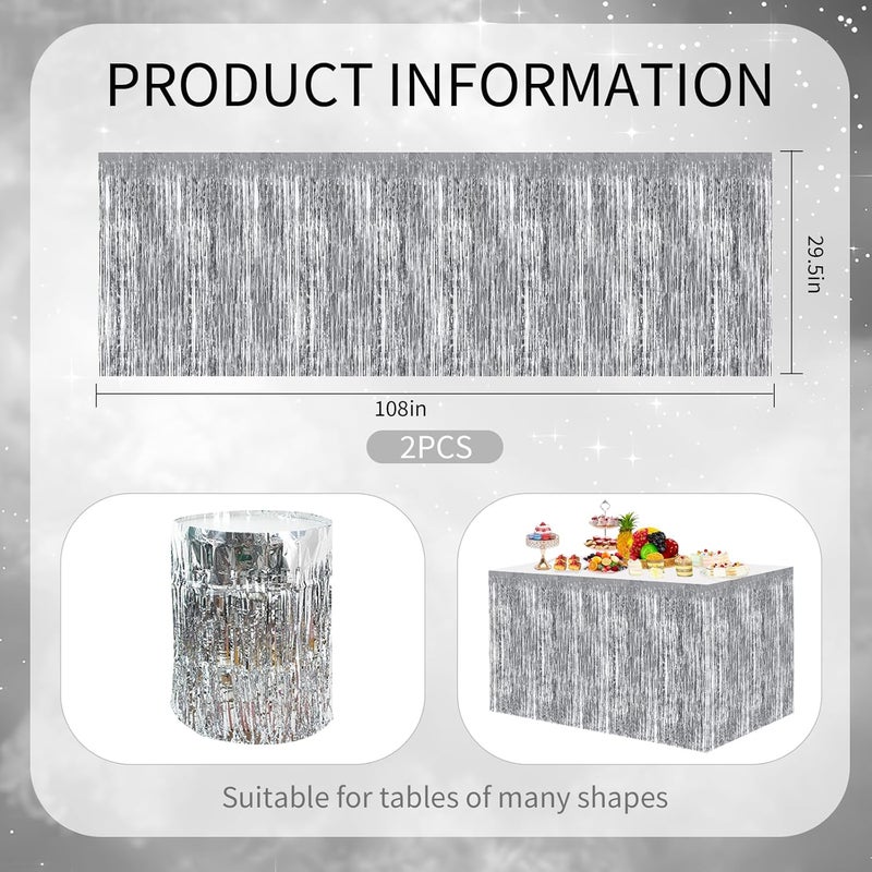 BEISHIDA 2 Pack Silver Table Skirts Party Decorations Metallic Tinsel Foil Fringe Table Skirts Decors for Birthday Holiday Winter Wedding Anniversary Cartoon Party - Image 2