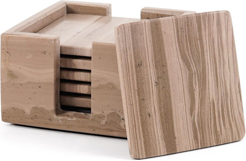 RADICALn Marble Coasters Set of 6 Handmade 3.5" Inches Wood Square Coasters for Drinks, Coaster Set with Holder for Dining Tables - Image 1