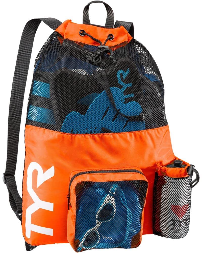 TYR Big Mesh Mummy Backpack For Wet Swimming, Gym, and Workout Gear , Orange