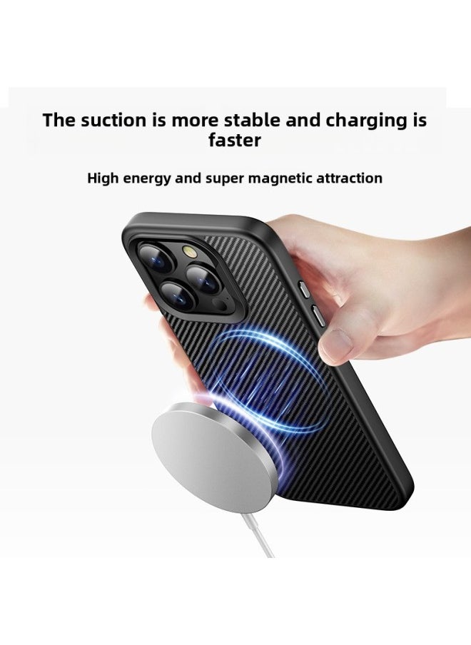 Generic - Suitable For IPhone16Promax Carbon Fiber Pattern Mobile Phone Case Magnetic Suction Wireless Charging Apple 15 All-inclusive Anti-drop Protective Case-Color:Black [pc Lens Frame]-Applicable Models:iPhone13 - Image 1