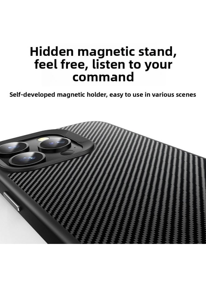 Generic - Suitable For IPhone16Promax Carbon Fiber Pattern Mobile Phone Case Magnetic Suction Wireless Charging Apple 15 All-inclusive Anti-drop Protective Case-Color:Black [pc Lens Frame]-Applicable Models:iPhone13 - Image 1