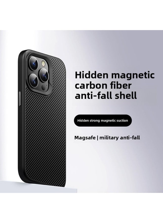 Generic - Suitable For IPhone16Promax Carbon Fiber Pattern Mobile Phone Case Magnetic Suction Wireless Charging Apple 15 All-inclusive Anti-drop Protective Case-Color:Black [pc Lens Frame]-Applicable Models:iPhone13 - Image 1