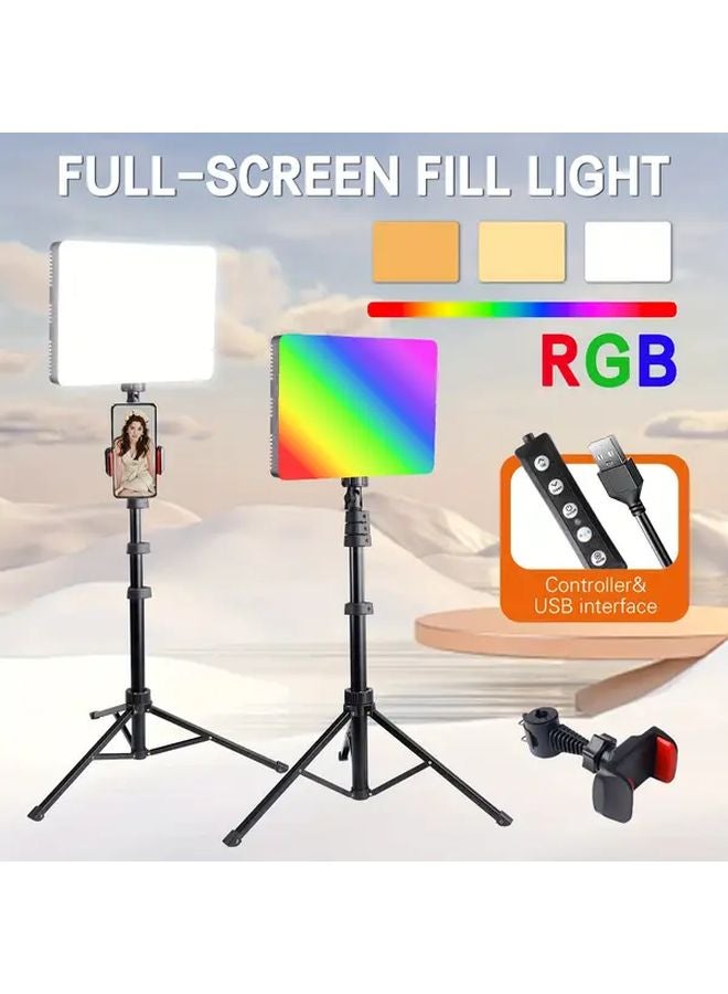 عدة إضاءة فيديو LED سوداء مع حامل ثلاثي القوائم 63 بوصة، إضاءة استوديو قابلة للتعتيم عبر USB للبث المباشر - Image 1