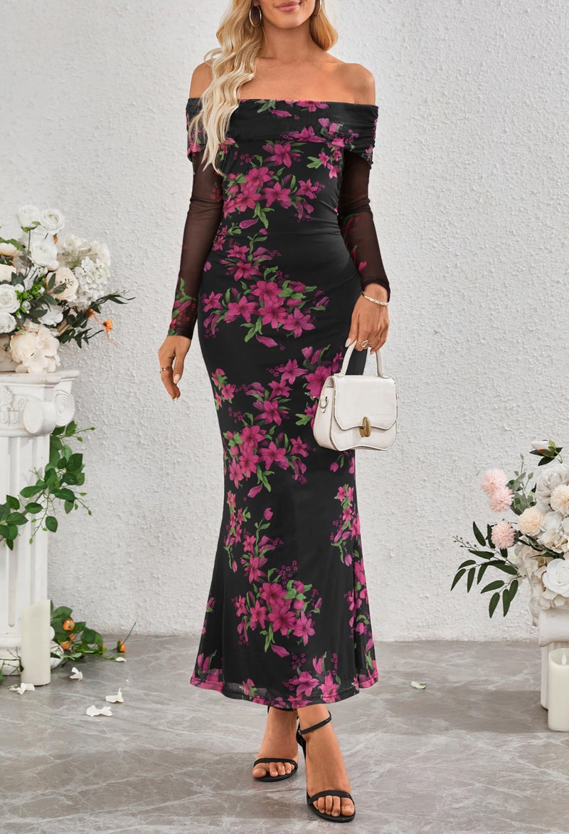 MEROKEETY Women's Fall Off Shoulder Floral Maxi Dresses Formal Long Sleeve Bodycon Cocktail Wedding Guest Dress, Black, Small - Image 2