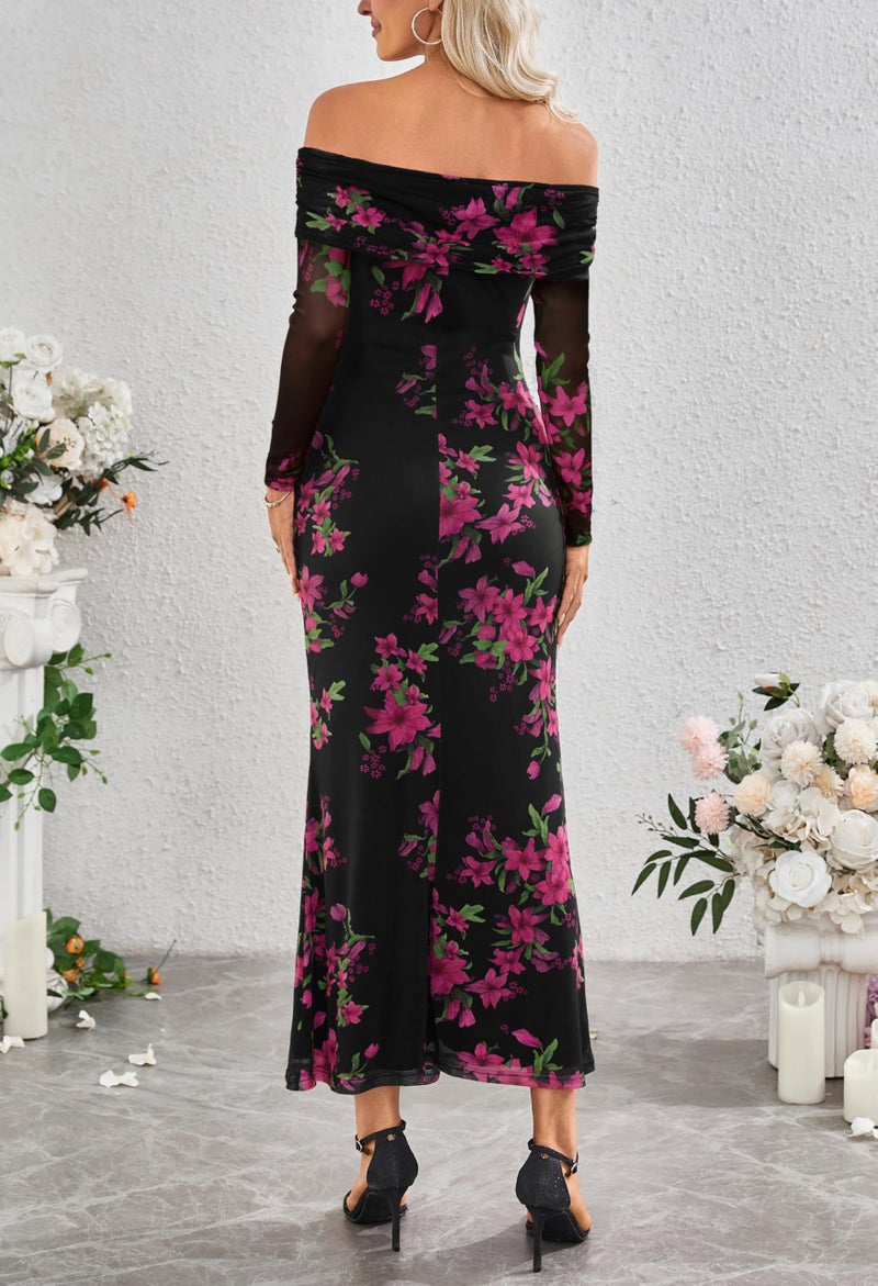 MEROKEETY Women's Fall Off Shoulder Floral Maxi Dresses Formal Long Sleeve Bodycon Cocktail Wedding Guest Dress, Black, Small - Image 4