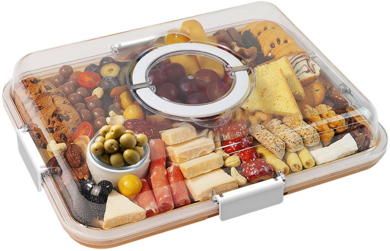 Renmxj Charcuterie Board with Clear Lid, Travel Portable Cheese Board Charcuterie Boxes Cutting Boards for Kitchen, House Warming Gifts New Home, Gifts for Women (6 Compartments White) - Image 1