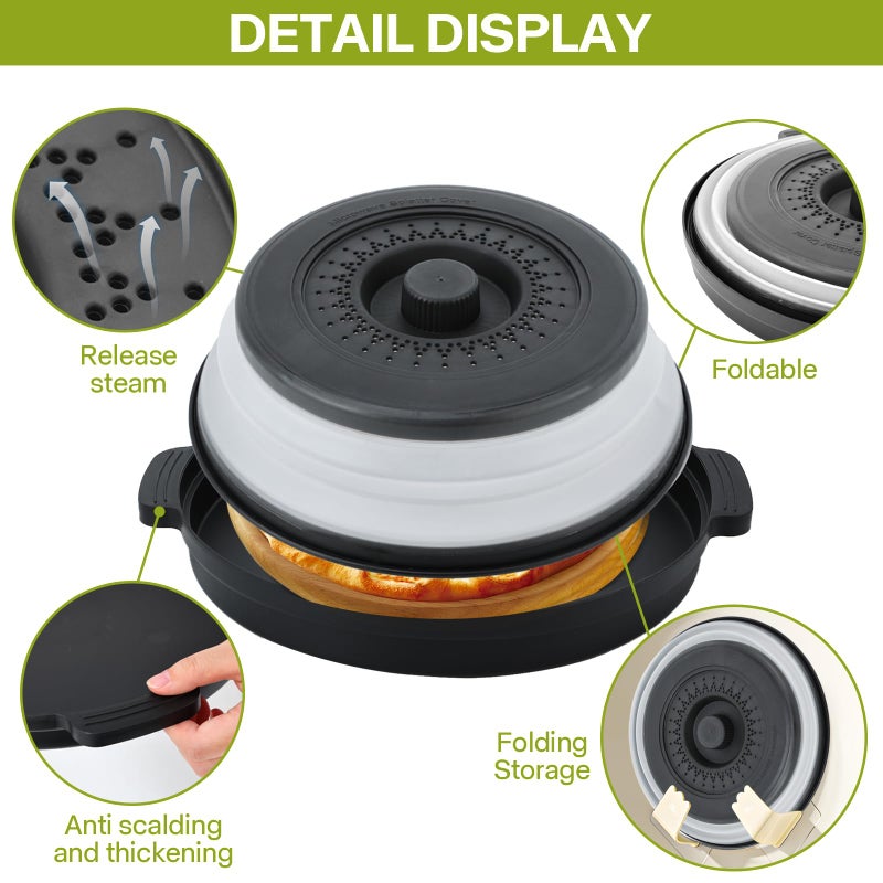 Saebume Microwave Splatter Cover for Food with Anti-scald Base Plate,Large Plastic & Silicone Vented Avoid Scalding Collapsible Guard Lid, Plate & Kitchen Colander for Meal Prep-10.7 Inch (2pcs-Gray-Black) - Image 5