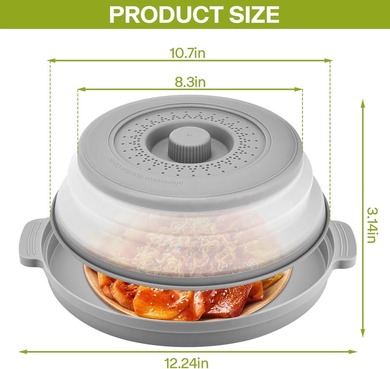 Saebume Microwave Splatter Cover for Food with Anti-scald Base Plate,Large Plastic & Silicone Vented Avoid Scalding Collapsible Guard Lid, Plate & Kitchen Colander for Meal Prep-10.7 Inch (2pcs-Gray-Black) - Image 4