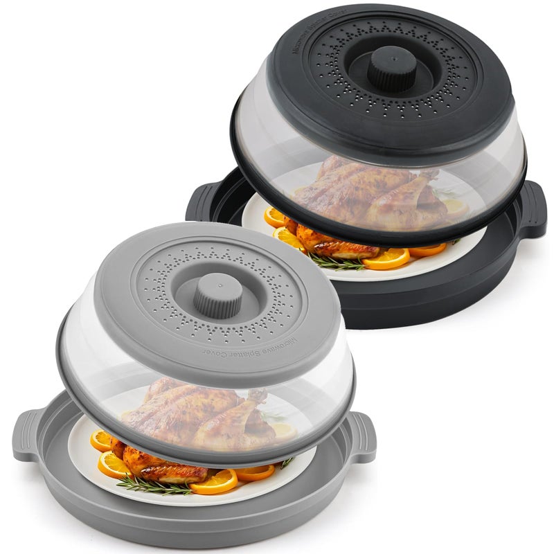 Saebume Microwave Splatter Cover for Food with Anti-scald Base Plate,Large Plastic & Silicone Vented Avoid Scalding Collapsible Guard Lid, Plate & Kitchen Colander for Meal Prep-10.7 Inch (2pcs-Gray-Black) - Image 1