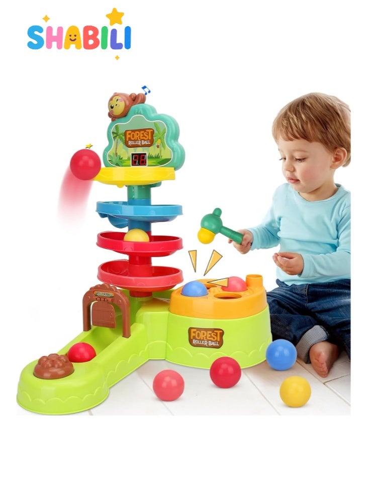 شبيلي لعبة مونتيسوري تعليمية 3 في 1 للأطفال الصغار مع برج الكرات والمطرقة وسلة كرة السلة ولعبة اضرب الخلد، مركز نشاط تفاعلي لتنمية المهارات الحركية الدقيقة والتعليم المبكر، مناسبة لعمر 18 شهرًا فأكثر - Image 1