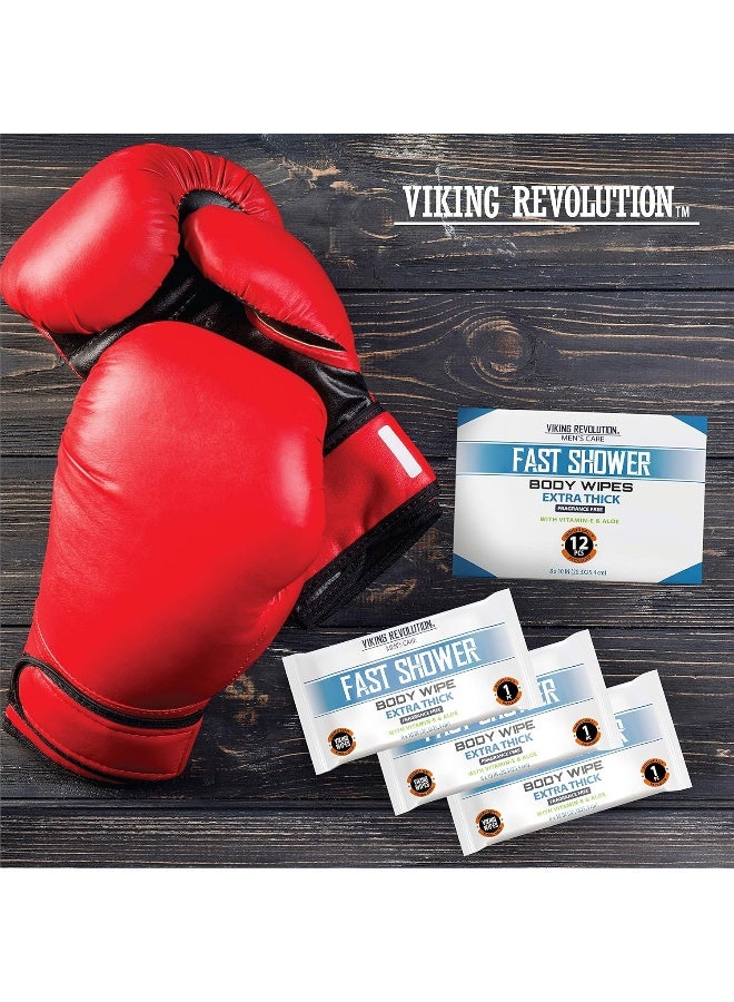 Viking Revolution مناديل الجسم من فايكنغ ريفولوشن للرجال - مناديل صالة الألعاب الرياضية، مناديل استحمام - قابلة للتخلص وصديقة للبيئة - بدون رائحة مع فيتامين E وصبار - 12 منديل مغلف بشكل فردي - Image 4