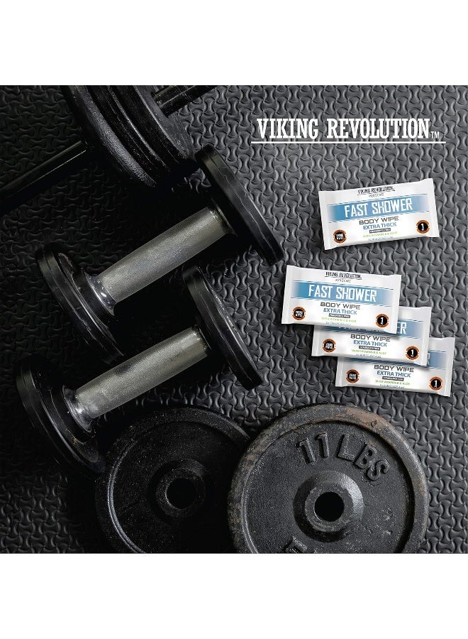 Viking Revolution مناديل الجسم من فايكنغ ريفولوشن للرجال - مناديل صالة الألعاب الرياضية، مناديل استحمام - قابلة للتخلص وصديقة للبيئة - بدون رائحة مع فيتامين E وصبار - 12 منديل مغلف بشكل فردي - Image 3