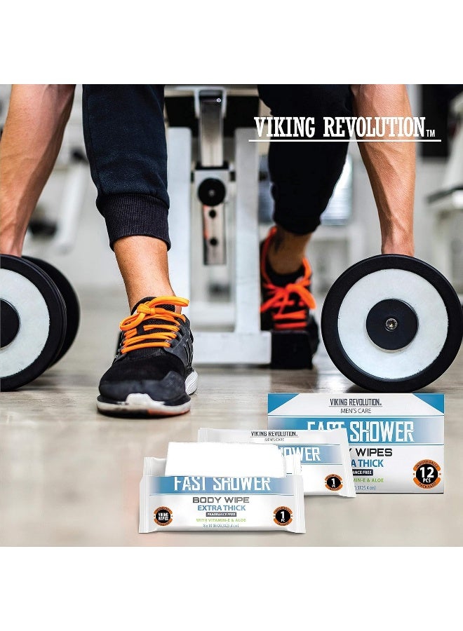 Viking Revolution مناديل الجسم من فايكنغ ريفولوشن للرجال - مناديل صالة الألعاب الرياضية، مناديل استحمام - قابلة للتخلص وصديقة للبيئة - بدون رائحة مع فيتامين E وصبار - 12 منديل مغلف بشكل فردي - Image 5