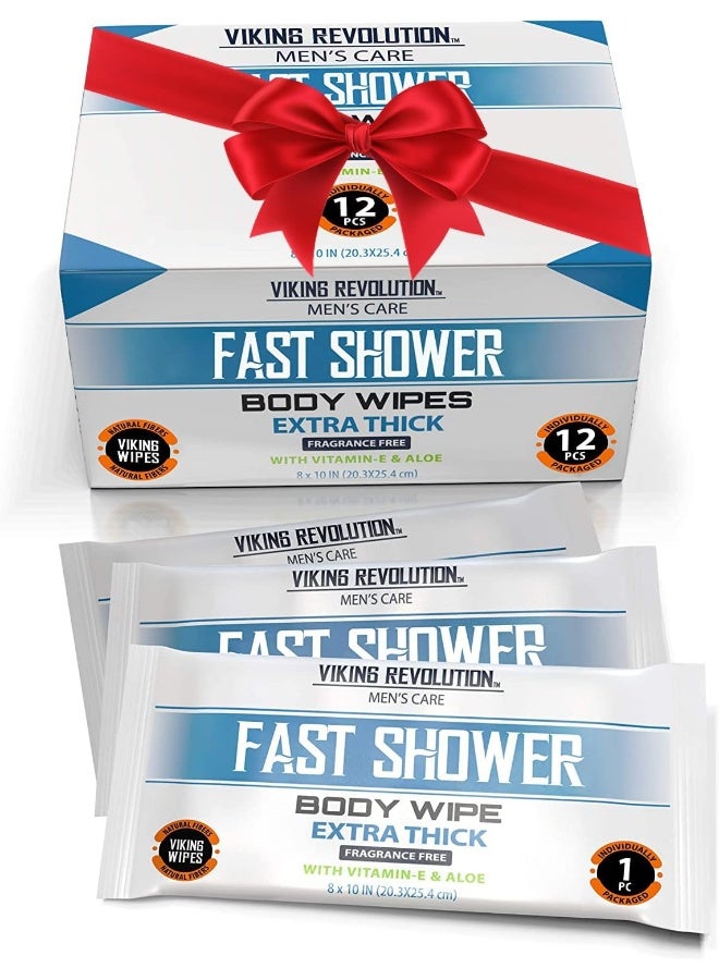 Viking Revolution مناديل الجسم من فايكنغ ريفولوشن للرجال - مناديل صالة الألعاب الرياضية، مناديل استحمام - قابلة للتخلص وصديقة للبيئة - بدون رائحة مع فيتامين E وصبار - 12 منديل مغلف بشكل فردي - Image 1