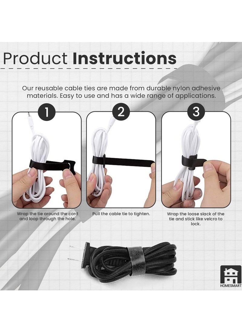 Home Smart 50 Piece Reusable Fastening Cable Ties Microfiber Cloth 6 Inch Hook and Loop Cord Black  - Image 2
