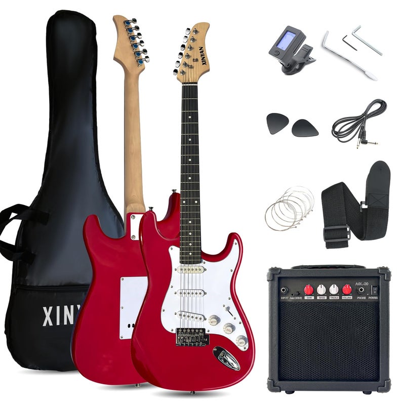 XINYAN 39in Full Size Beginner Electric Guitar Starter Kit w/Case, Strap, 20W Amp, Strings, Pick, Tremolo Bar (Red Guitar) - Image 1