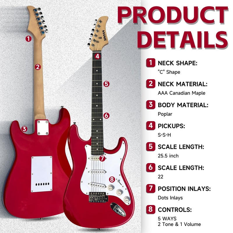 XINYAN 39in Full Size Beginner Electric Guitar Starter Kit w/Case, Strap, 20W Amp, Strings, Pick, Tremolo Bar (Red Guitar) - Image 3