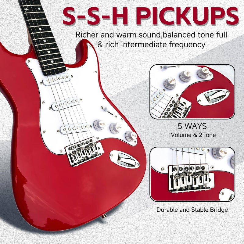 XINYAN 39in Full Size Beginner Electric Guitar Starter Kit w/Case, Strap, 20W Amp, Strings, Pick, Tremolo Bar (Red Guitar) - Image 2