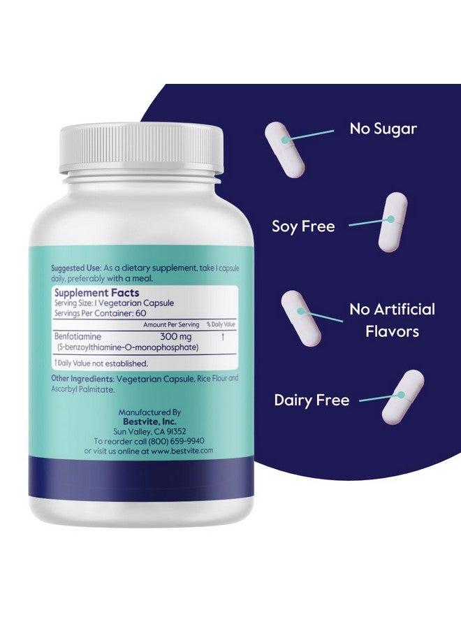 BESTVITE BESTVITE Benfotiamine 300mg (60 Vegetarian Capsules) No Stearates - No Silicon Dioxide - Vegan - Non GMO - Gluten Free - Image 3