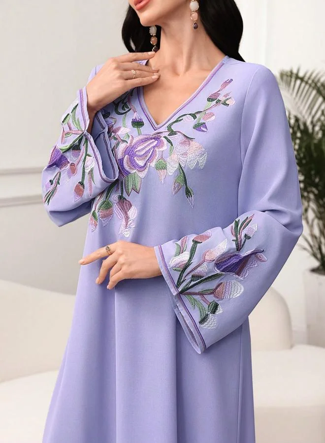 Take Two Purple Embroidery V Neck Jalabiya Maxi Dress