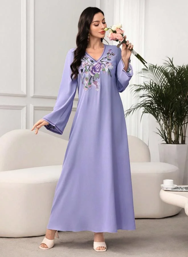 Take Two Purple Embroidery V Neck Jalabiya Maxi Dress