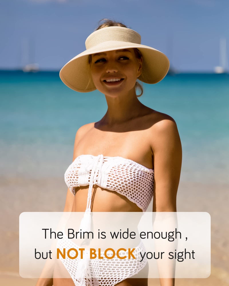 FURTALK Sun Visor Hats for Women Wide Brim Straw Ponytail Summer Beach Hat UV UPF Packable Foldable Travel Beige - Image 4