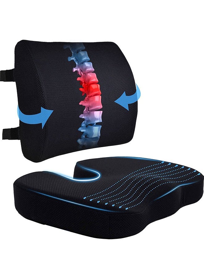 Seat Cushion/Lumbar Support Pillow for Office Chair Car Wheelchair Memory Foam Desk Chair Cushion for Sciatica Lower Back/Tailbone Pain Relief Desk Pad with Adjustable Strap 3D Washable Cover