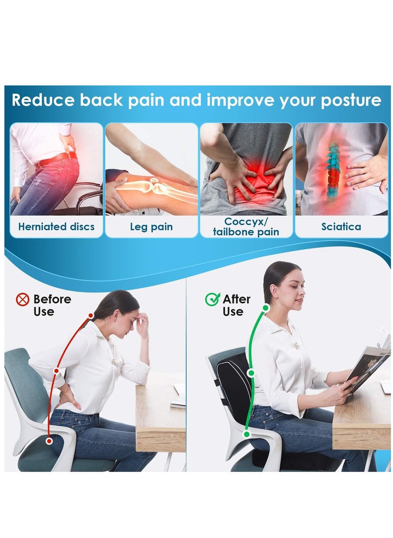 Seat Cushion/Lumbar Support Pillow for Office Chair Car Wheelchair Memory Foam Desk Chair Cushion for Sciatica Lower Back/Tailbone Pain Relief Desk Pad with Adjustable Strap 3D Washable Cover