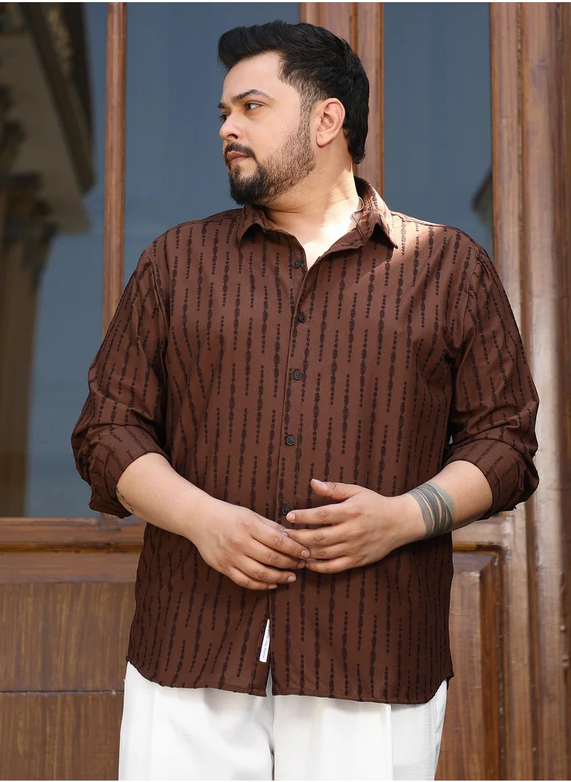 انستافاب بلس Instafab Plus Men's Chocolate Brown Tassel-Weave Shirt For Casual Wear | Spread Collar | Long Cuffed Sleeves | Button Closure | Plus Size Shirt Crafted With Comfort Fit For Everyday Wear
