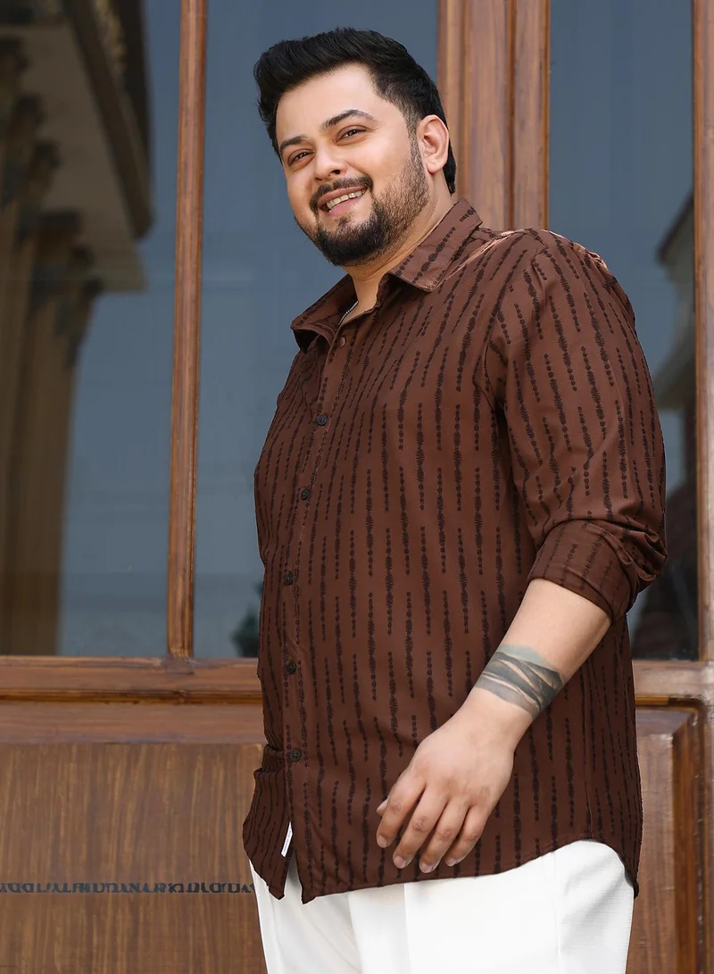 Instafab Plus Instafab Plus Men's Chocolate Brown Tassel-Weave Shirt For Casual Wear | Spread Collar | Long Cuffed Sleeves | Button Closure | Plus Size Shirt Crafted With Comfort Fit For Everyday Wear